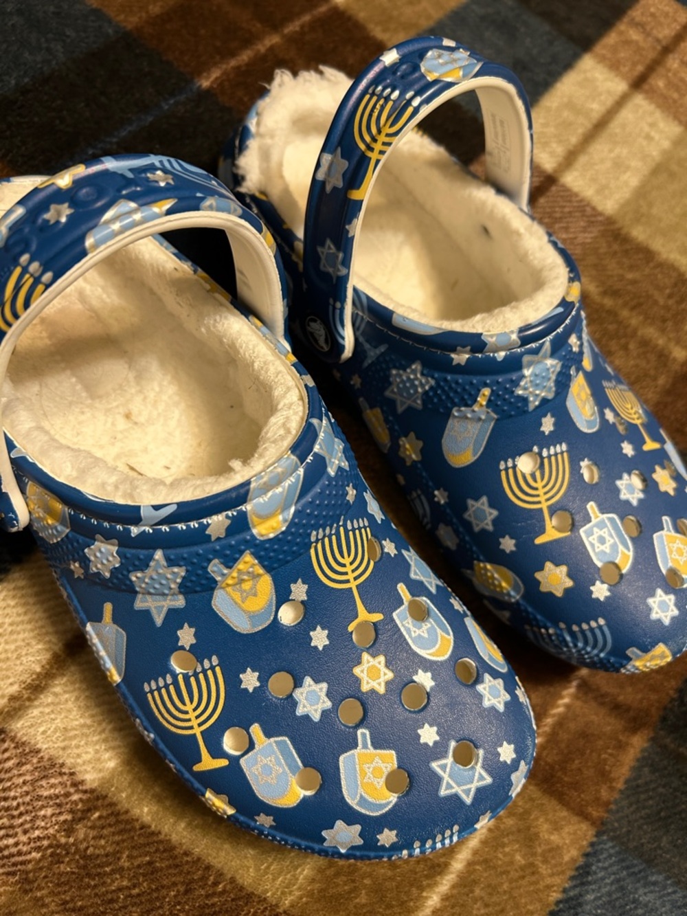 CROCS Blue Holiday Menorah & Dreidel Pattern Fleece-Lined Clogs